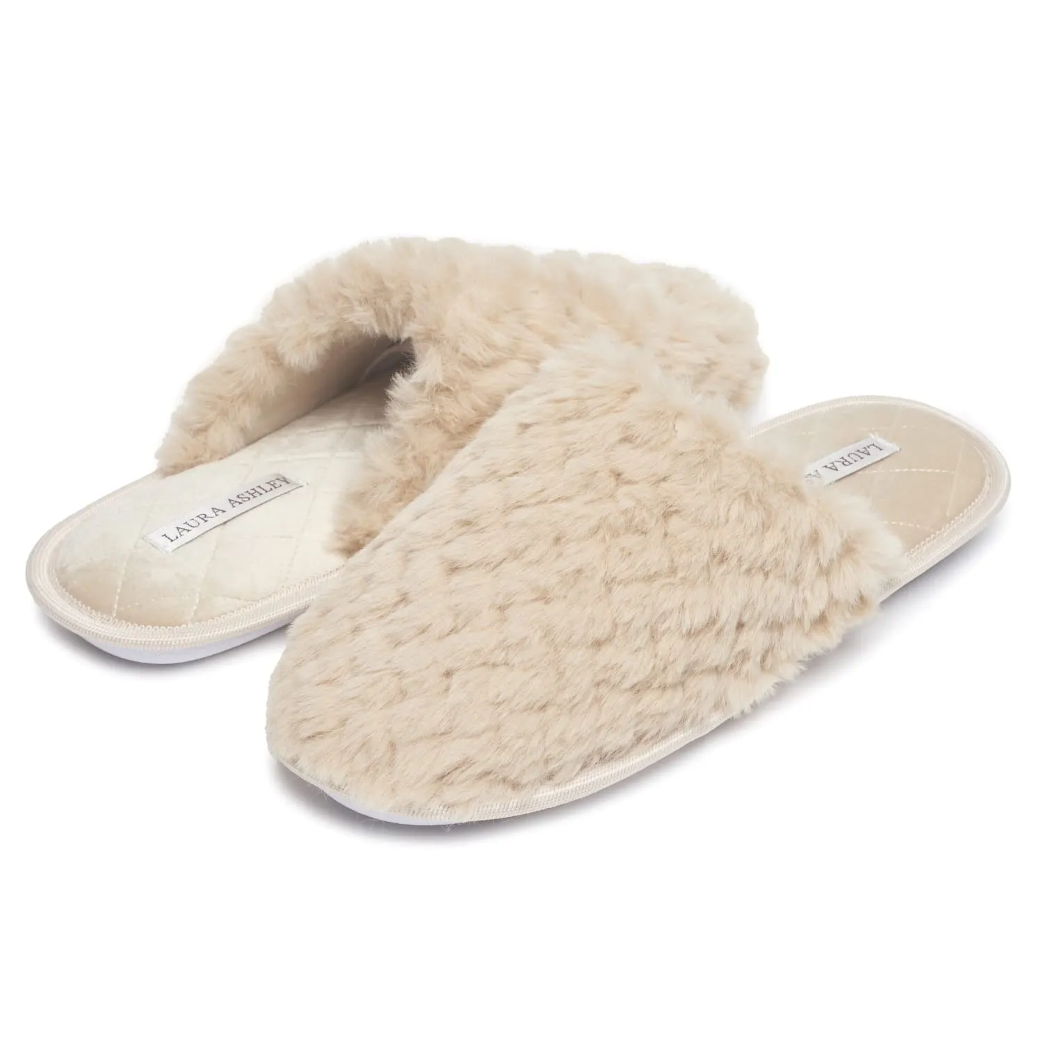 Laura Ashley Womens Texture Plush Memory Foam Scuff Slippers, Warm Fuzzy Fluffy Bedroom Slipper, Ladies Faux Fur Slip On House Shoes