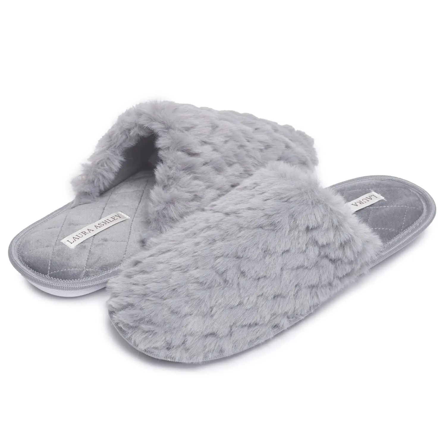 Laura Ashley Womens Texture Plush Memory Foam Scuff Slippers, Warm Fuzzy Fluffy Bedroom Slipper, Ladies Faux Fur Slip On House Shoes