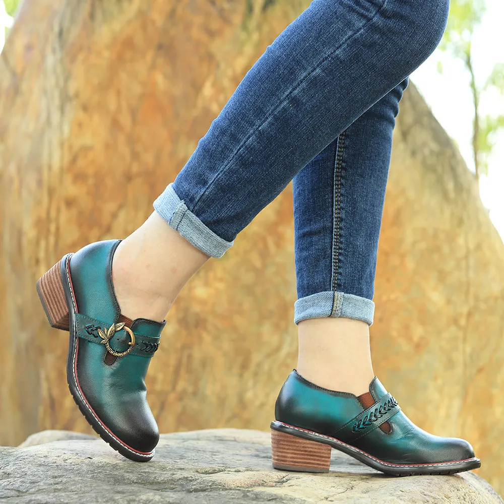 Leather Hand-polished Low-top Thick Heel Comfortable Round-head Loafers