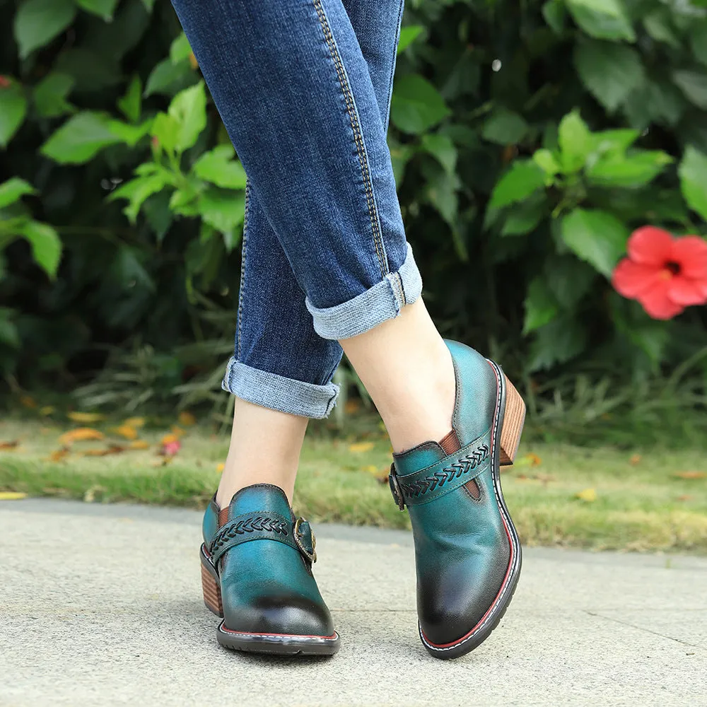 Leather Hand-polished Low-top Thick Heel Comfortable Round-head Loafers
