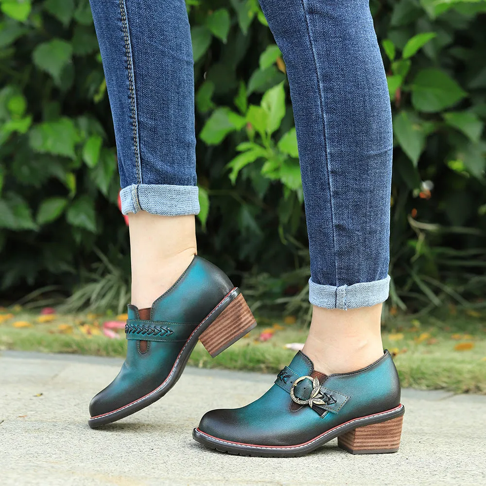 Leather Hand-polished Low-top Thick Heel Comfortable Round-head Loafers