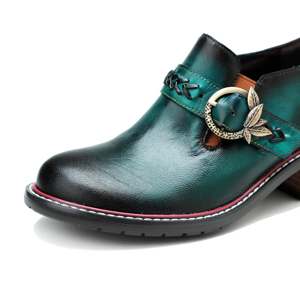 Leather Hand-polished Low-top Thick Heel Comfortable Round-head Loafers