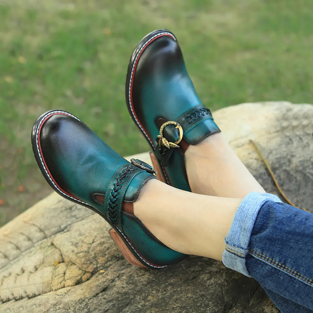 Leather Hand-polished Low-top Thick Heel Comfortable Round-head Loafers