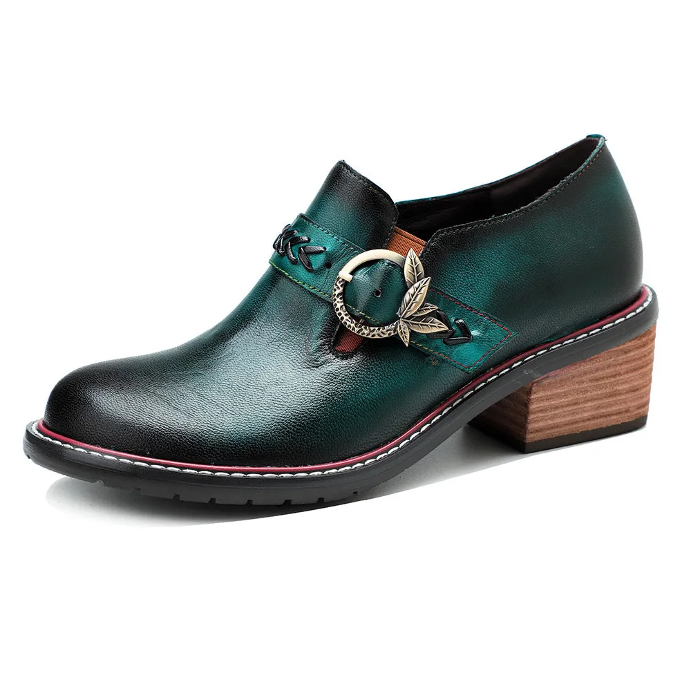 Leather Hand-polished Low-top Thick Heel Comfortable Round-head Loafers