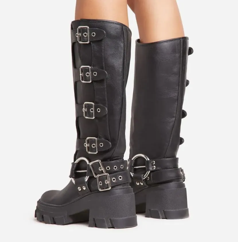 Lemonade Buckle Up Now Women's Side Buckle Detail Chunky Sole Mid Calf Biker Boot