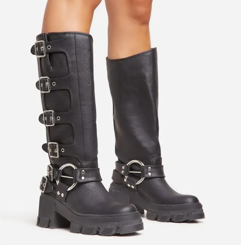 Lemonade Buckle Up Now Women's Side Buckle Detail Chunky Sole Mid Calf Biker Boot