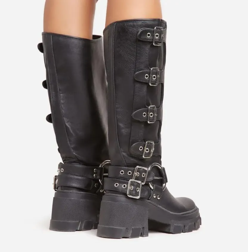 Lemonade Buckle Up Now Women's Side Buckle Detail Chunky Sole Mid Calf Biker Boot