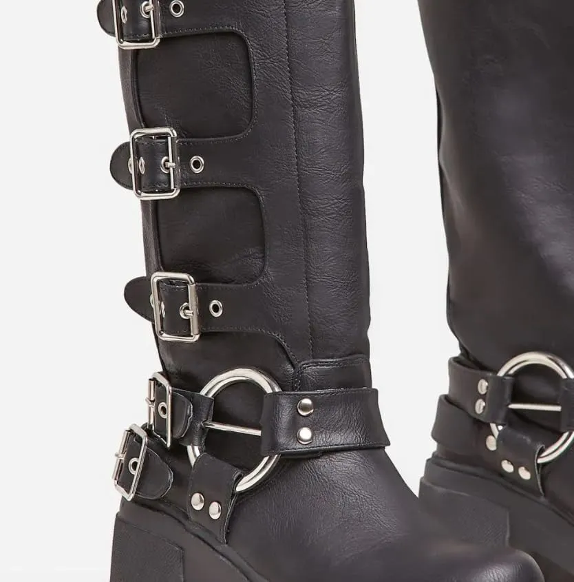 Lemonade Buckle Up Now Women's Side Buckle Detail Chunky Sole Mid Calf Biker Boot