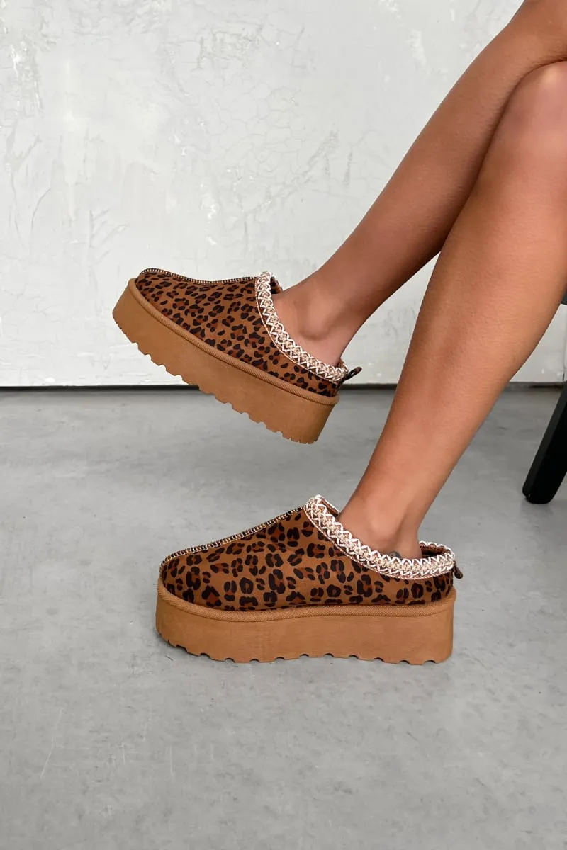 LEONA Suede Embroidered Chunky Slippers - Leopard