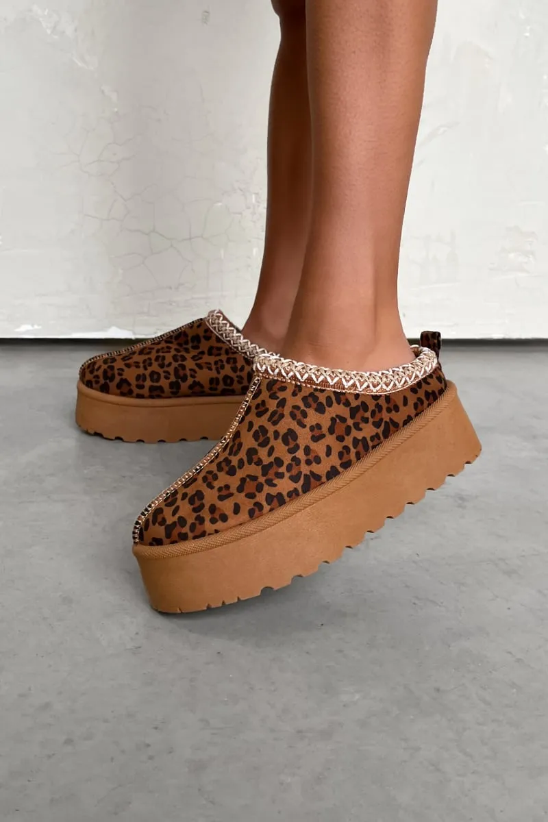 LEONA Suede Embroidered Chunky Slippers - Leopard
