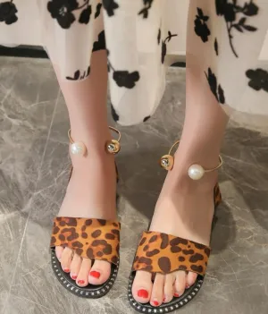 Leopard print faux pearl decor ankle strap sandals