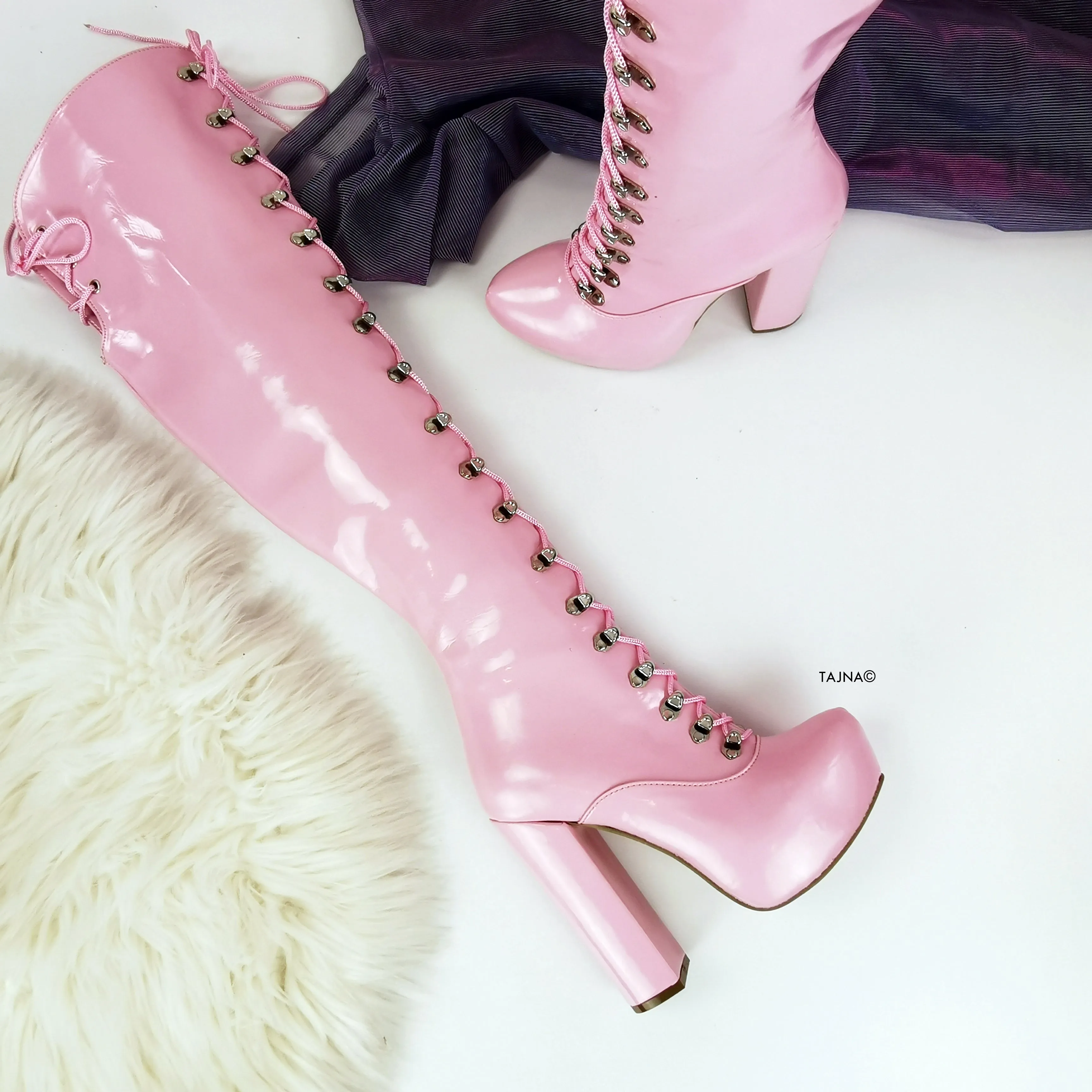 Light Pink Chunky Heel Military Style Long Boots