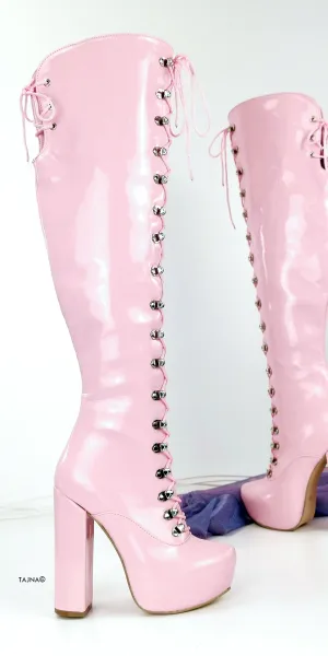 Light Pink Chunky Heel Military Style Long Boots