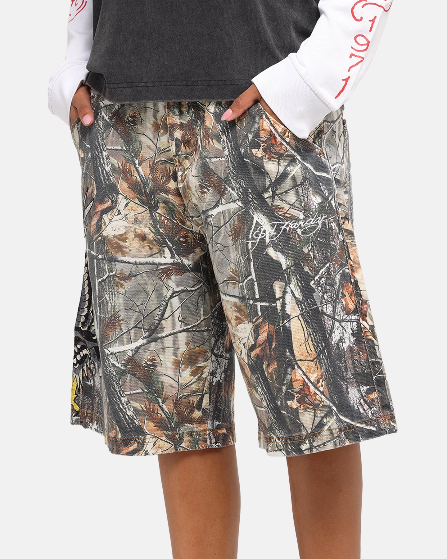 Outfit Staple Modern Edge Ed Hardy Eagle Jorts Real Tree Camo