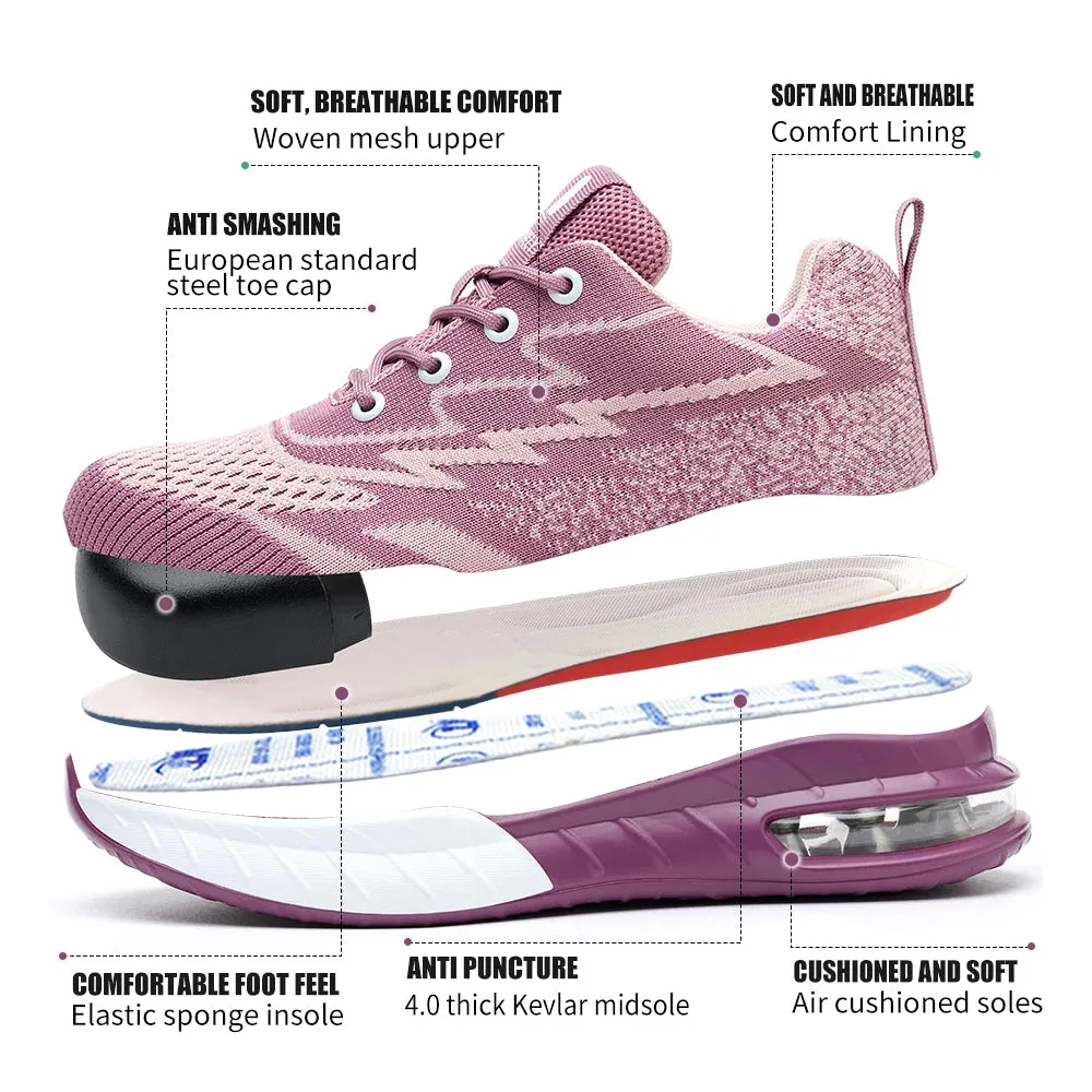 Lightweight Breathable Comfort Purple Knit Mesh Steel Toe Safety Shoes for Women