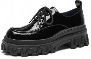 Loafers for Women Stylish Platform Shoes for Women Patent Leather Lace-Up Casual Flats with Chunky Sole