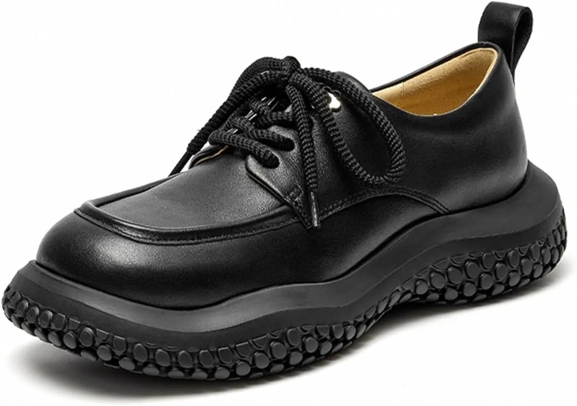 Loafers for Women Women’s Handmade Genuine Cow Leather Round Toe Chunky Sole Casual Shoes with Cross Tied Closure