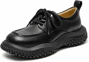Loafers for Women Women’s Handmade Genuine Cow Leather Round Toe Chunky Sole Casual Shoes with Cross Tied Closure