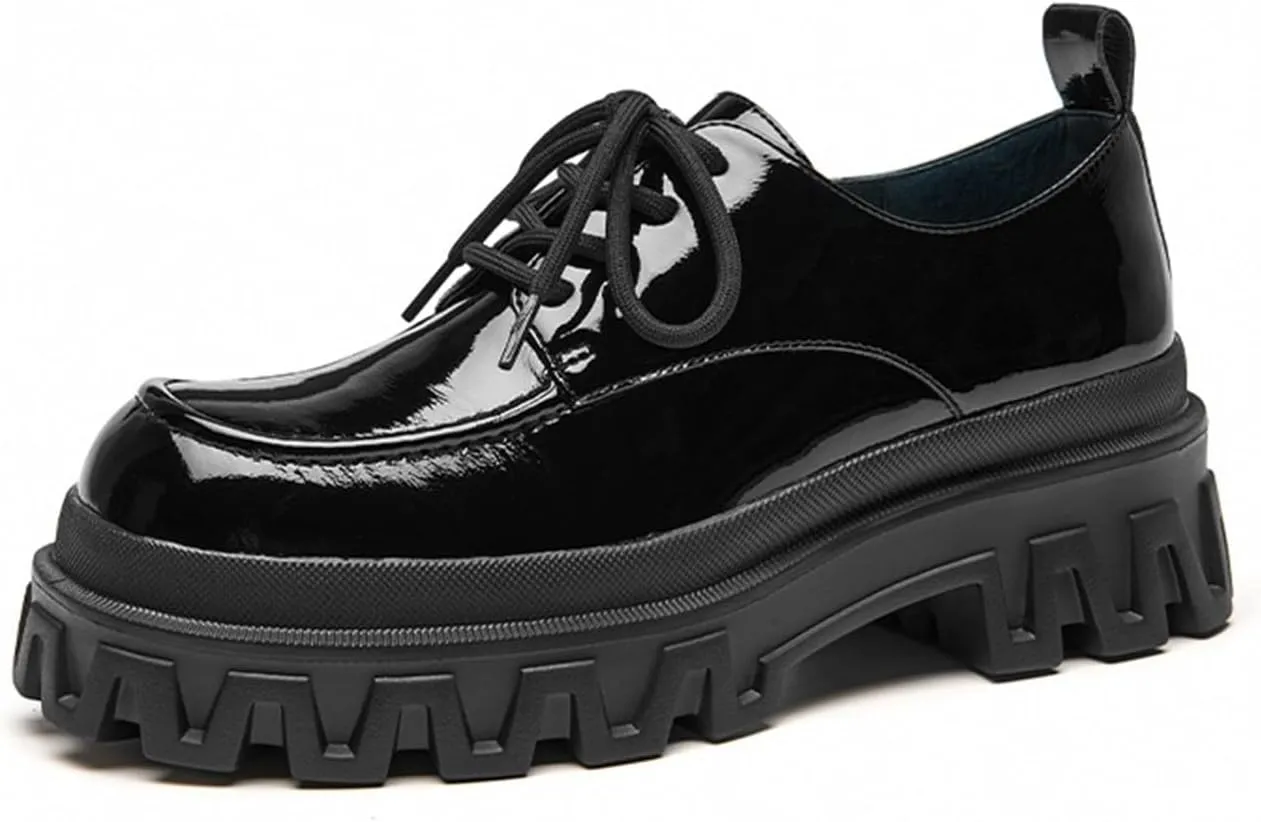 Loafers for Women Women’s Patent Leather Platform Shoes Lace-Up Round Toe Casual Flats with Chunky Sole