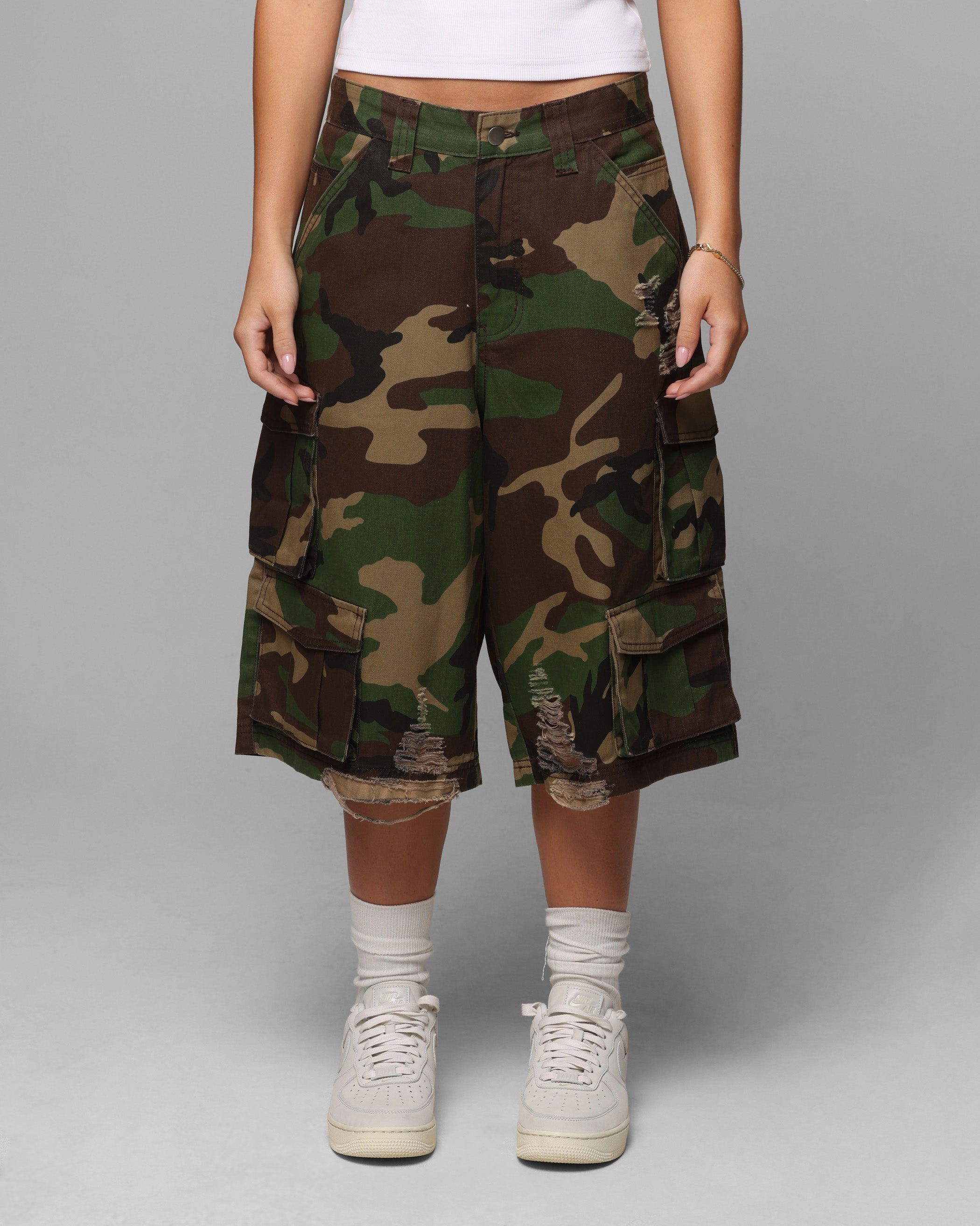 Full Flex Frayed hem Loiter Collateral Cargo Shorts Camo