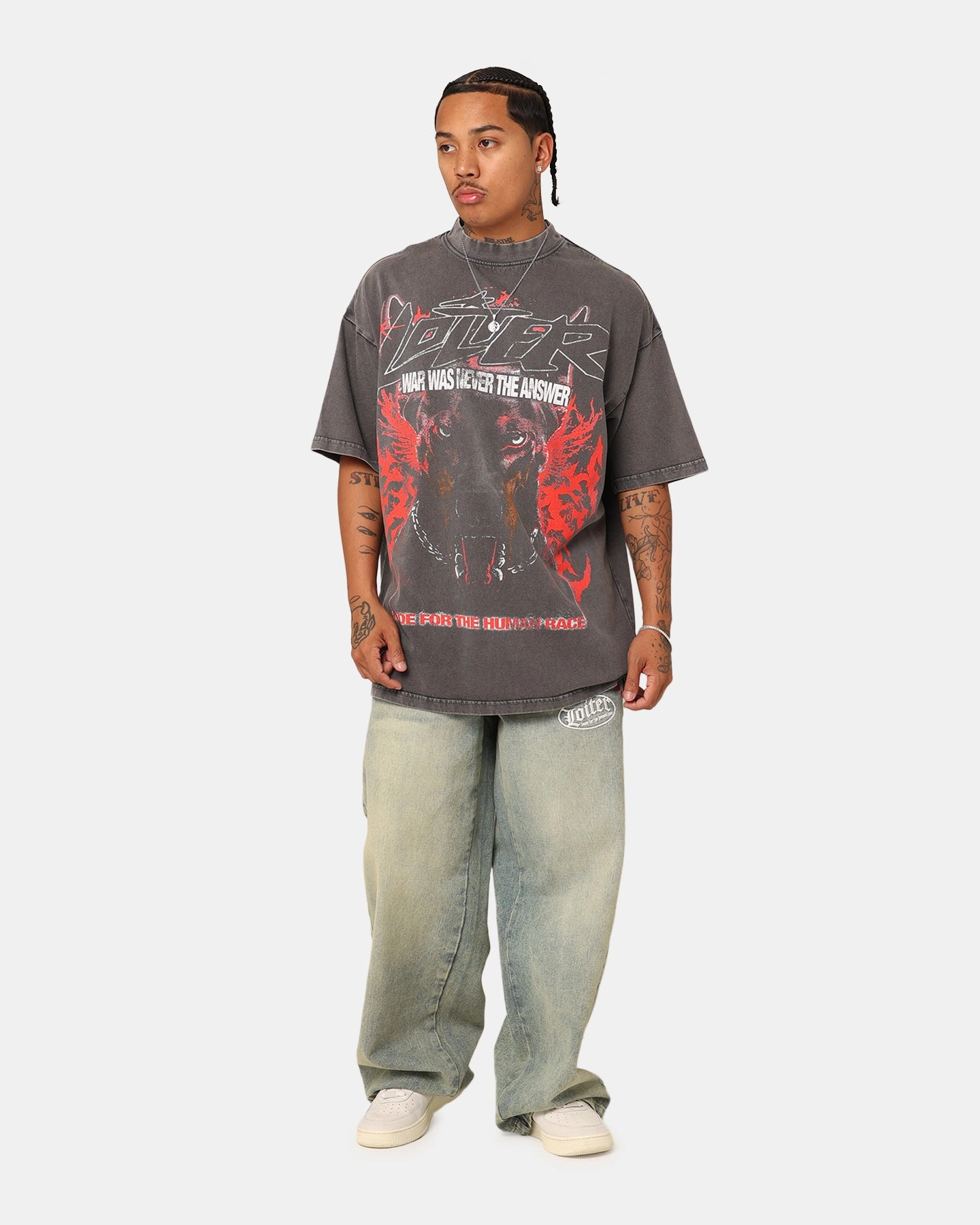 Street Trendy Eco Certified Fiber Loiter Dog Tag Oversized T-Shirt Charcoal Grey