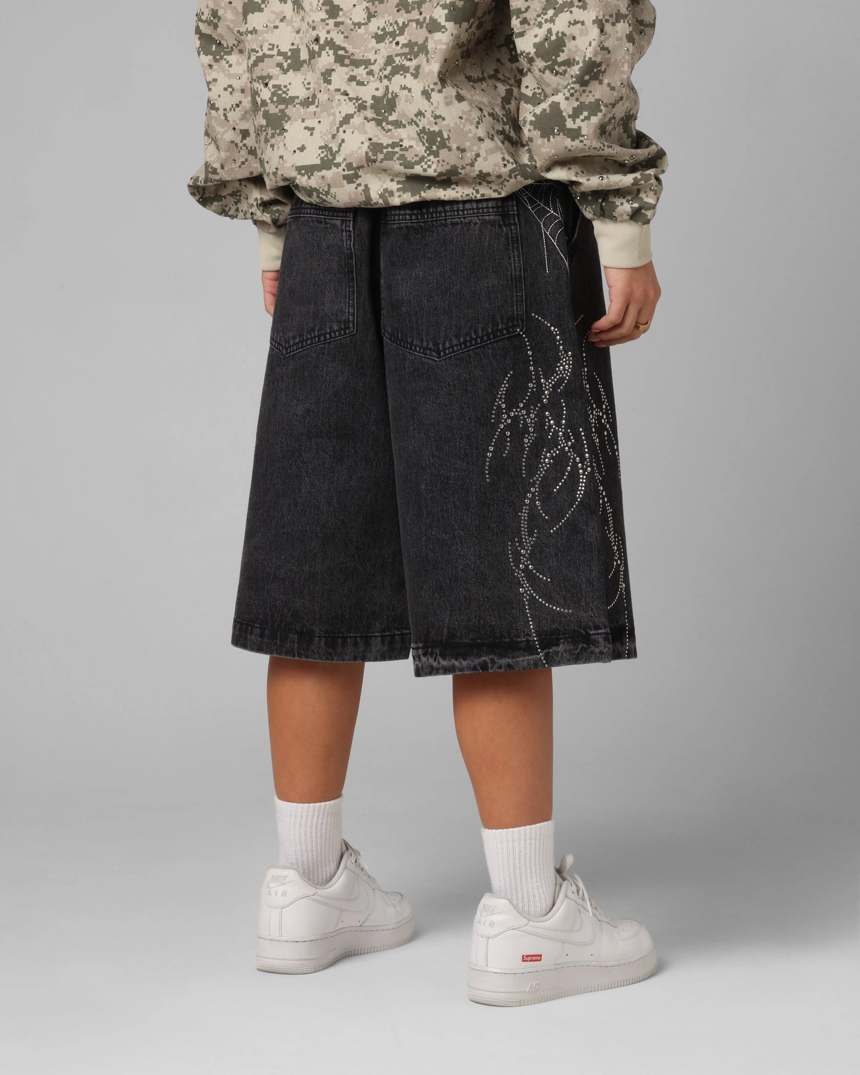 Loiter Goth Clique Jorts Black Embroidered Detail Active Comfort