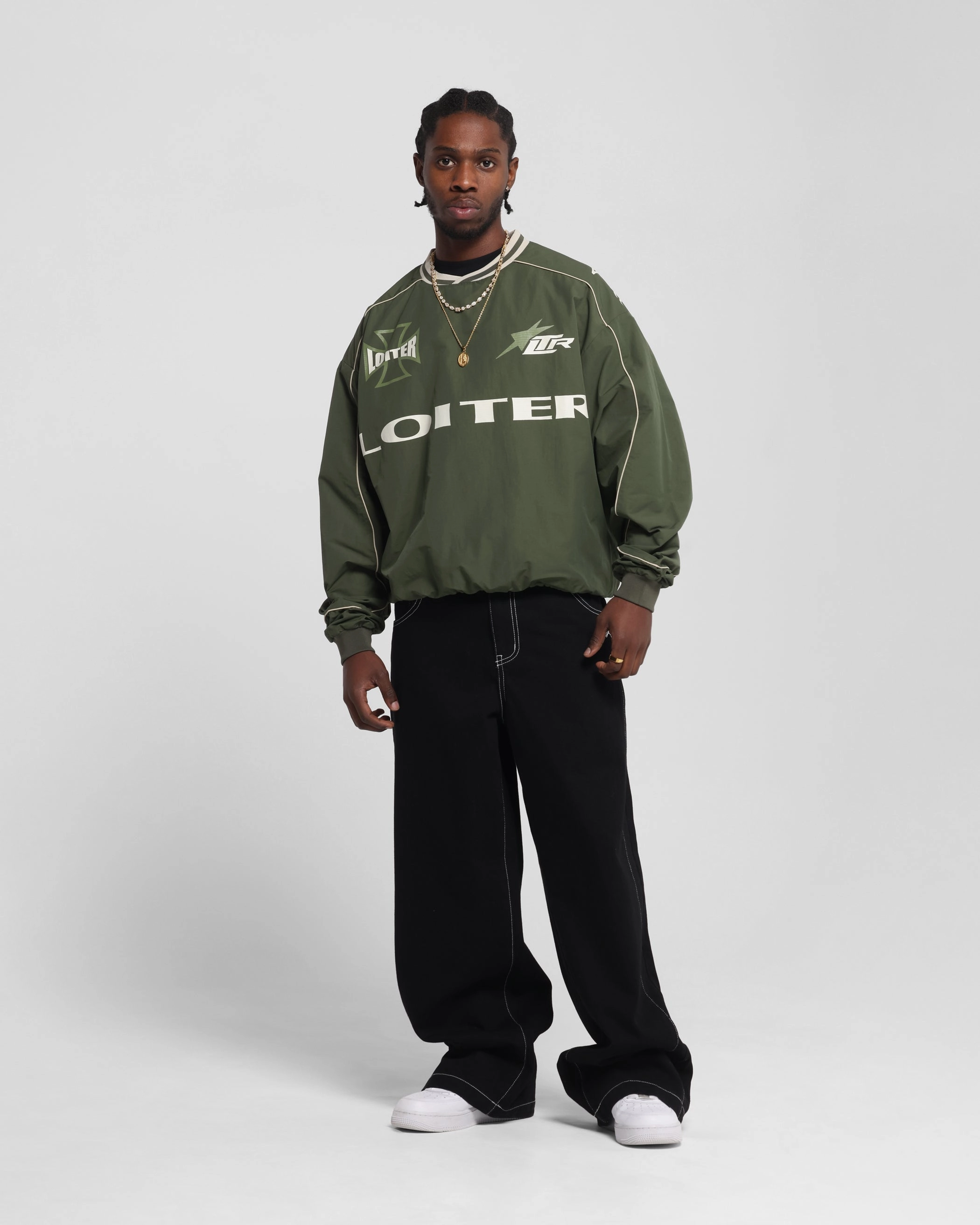 Tagless Neckline Loiter Racer Nylon Jersey Crewneck Dark Green