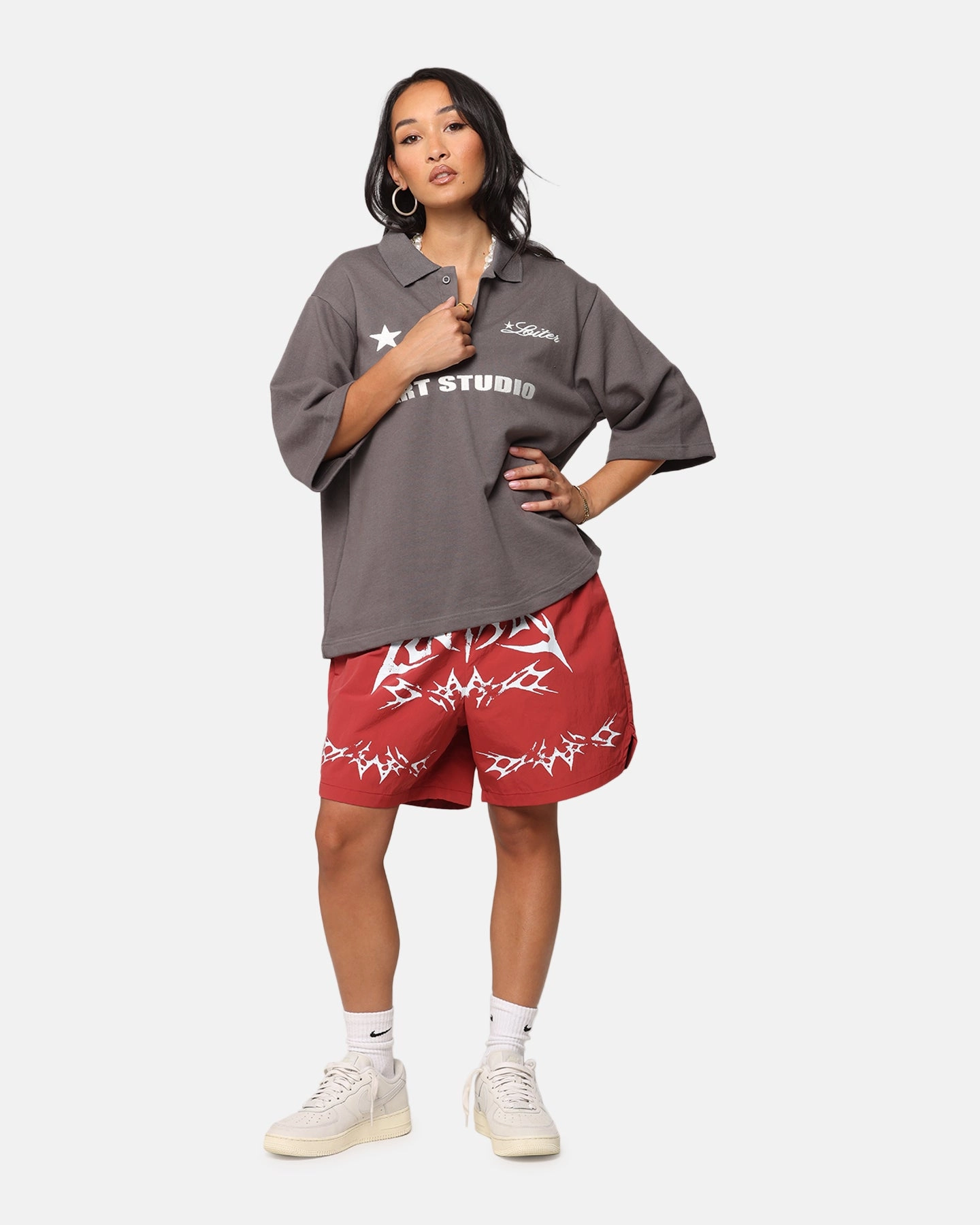 DoubleLayeredKnees Loiter Stacked Metal Walk Shorts Burgandy