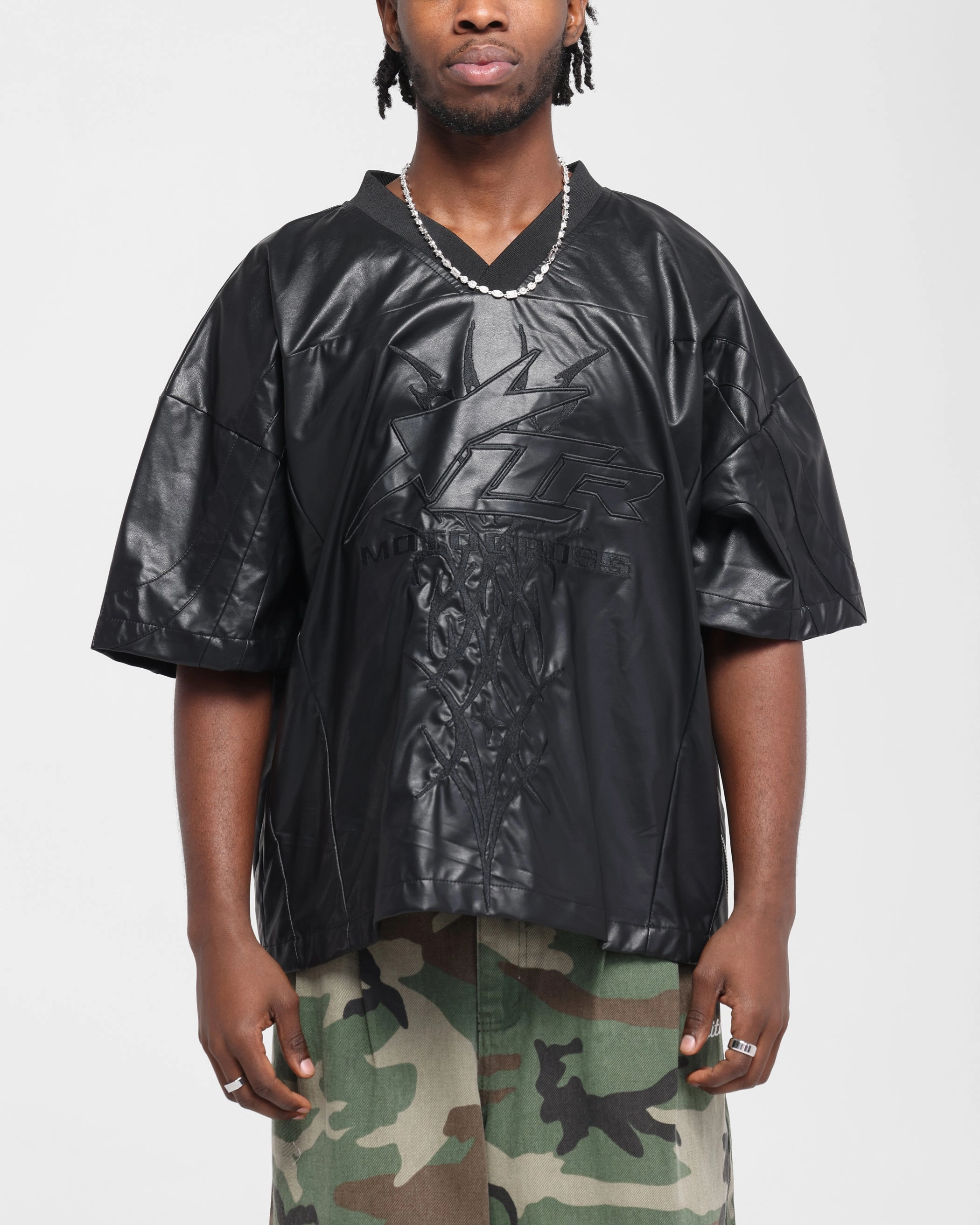 Loiter Vegan Leather Football Top Black Adjustable Hem Drawstring