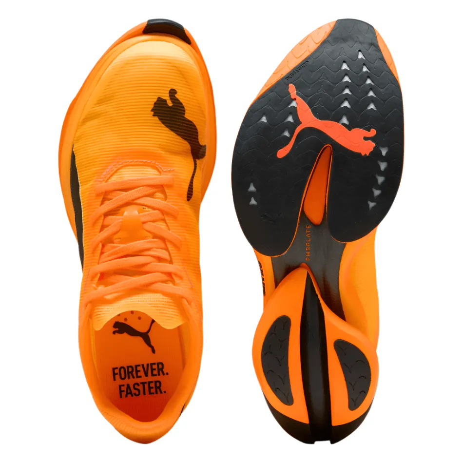 traction - enhanced shoe features Cushion pods PUMA Men's Fast-R NITRO Elite 3 Running Shoes in Heat Fire/Sun Stream AW25