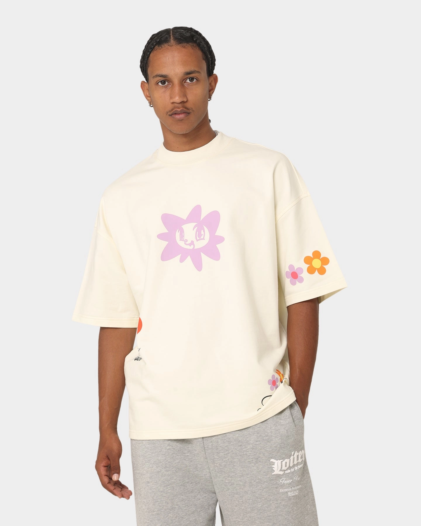 Animal Print Travel Comfort Style Loiter Flower Boi Oversized T-Shirt Ecru