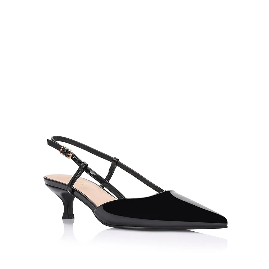 Lucas Slingback Kitten Heels - Black Patent