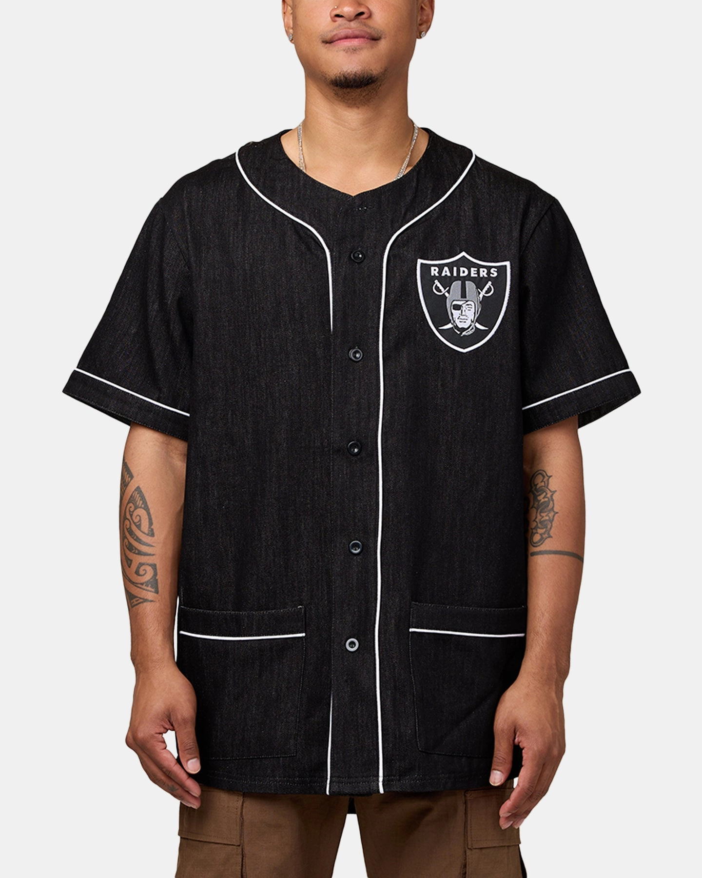 Performance Ready Majestic Athletic Las Vegas Raiders Denim Button Up Shirt Washed Black Denim
