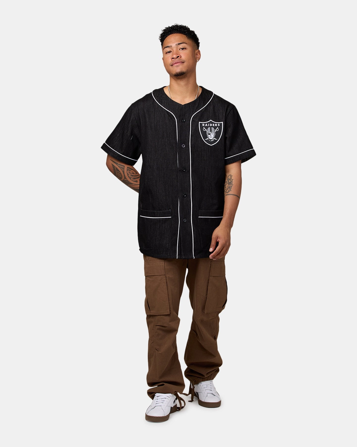 Majestic Athletic Las Vegas Raiders Denim Button Up Shirt Washed Black Denim Lightweight Lining