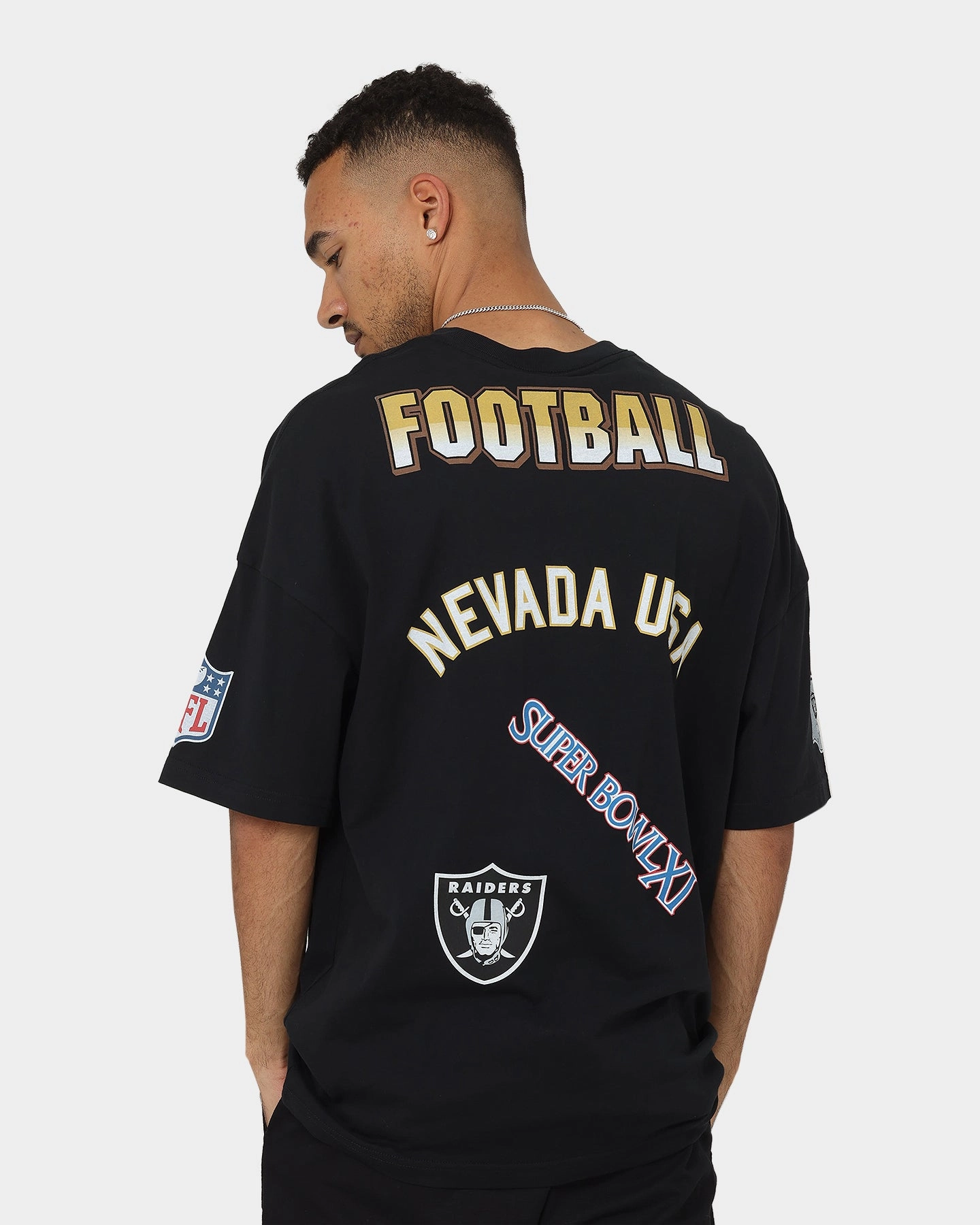 Majestic Athletic Las Vegas Raiders Puff Print Patch Oversized T-Shirt Faded Black Light Fashion