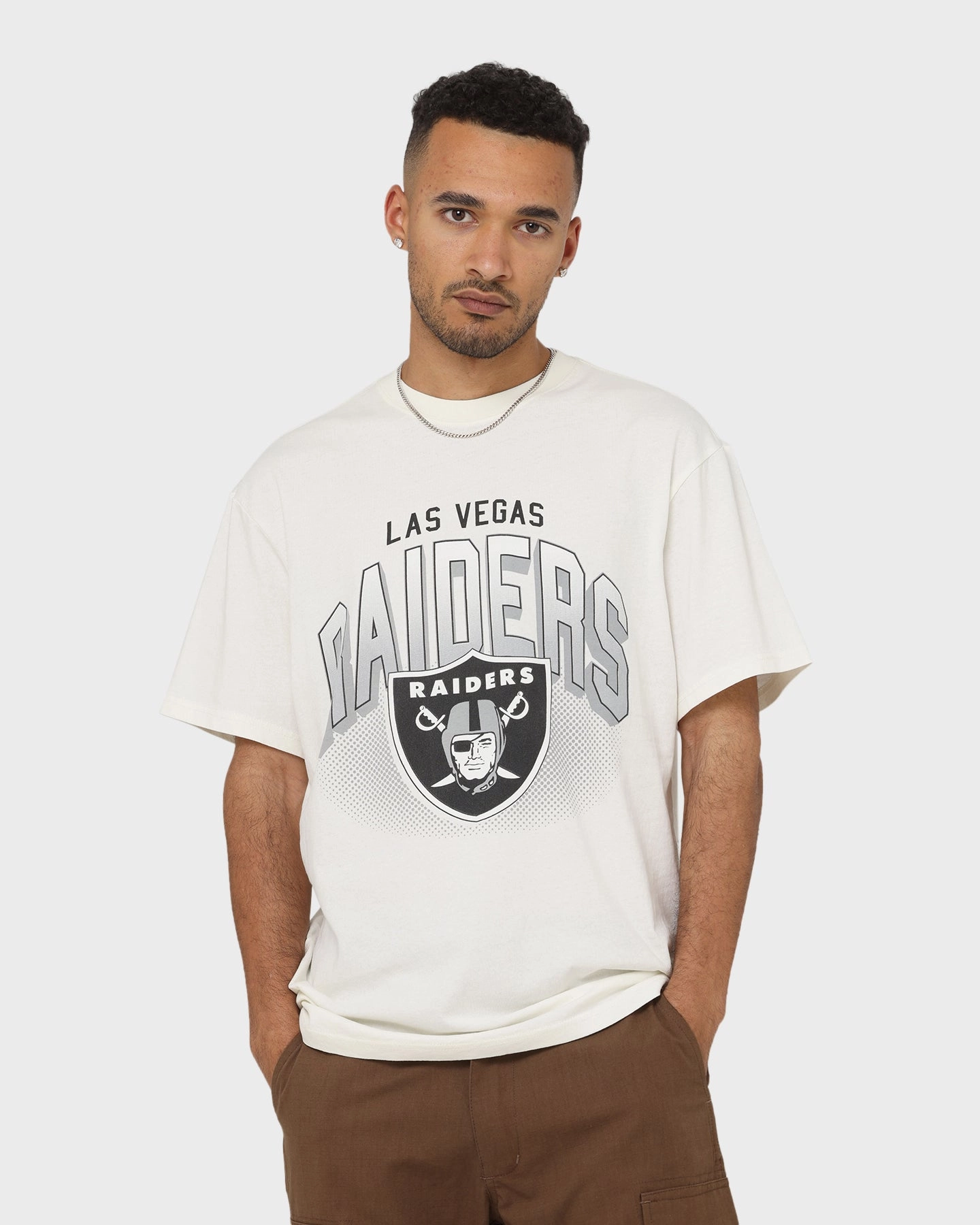 Majestic Athletic Las Vegas Raiders Stripe Sleeve Oversized T-Shirt Optic White Wicking Interlock Knit