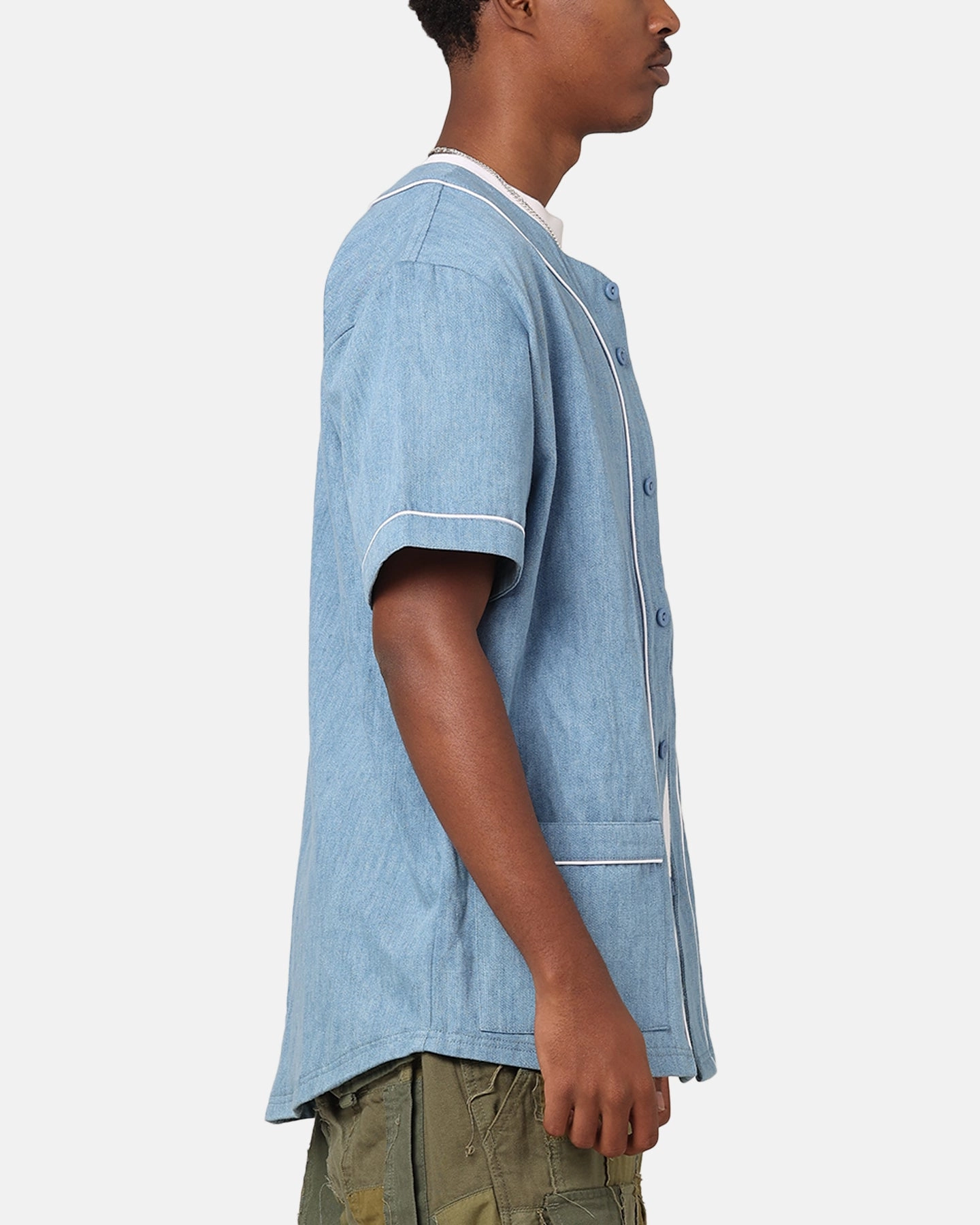 Stretch performance Hybrid Ply Construction Majestic Athletic Los Angeles Dodgers Denim Button Up Shirt Washed Blue Denim