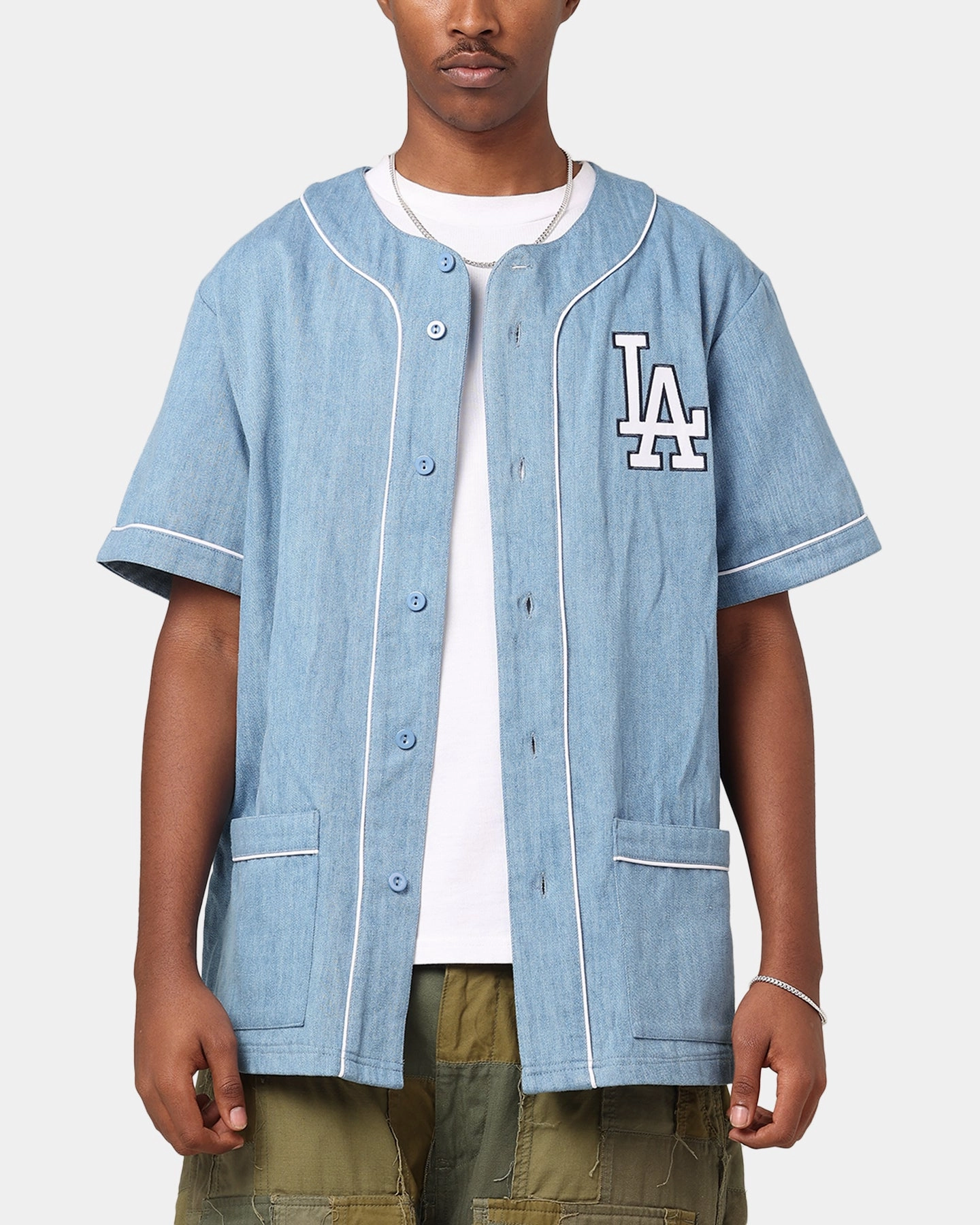 Anti Static Weave Technology Majestic Athletic Los Angeles Dodgers Denim Button Up Shirt Washed Blue Denim