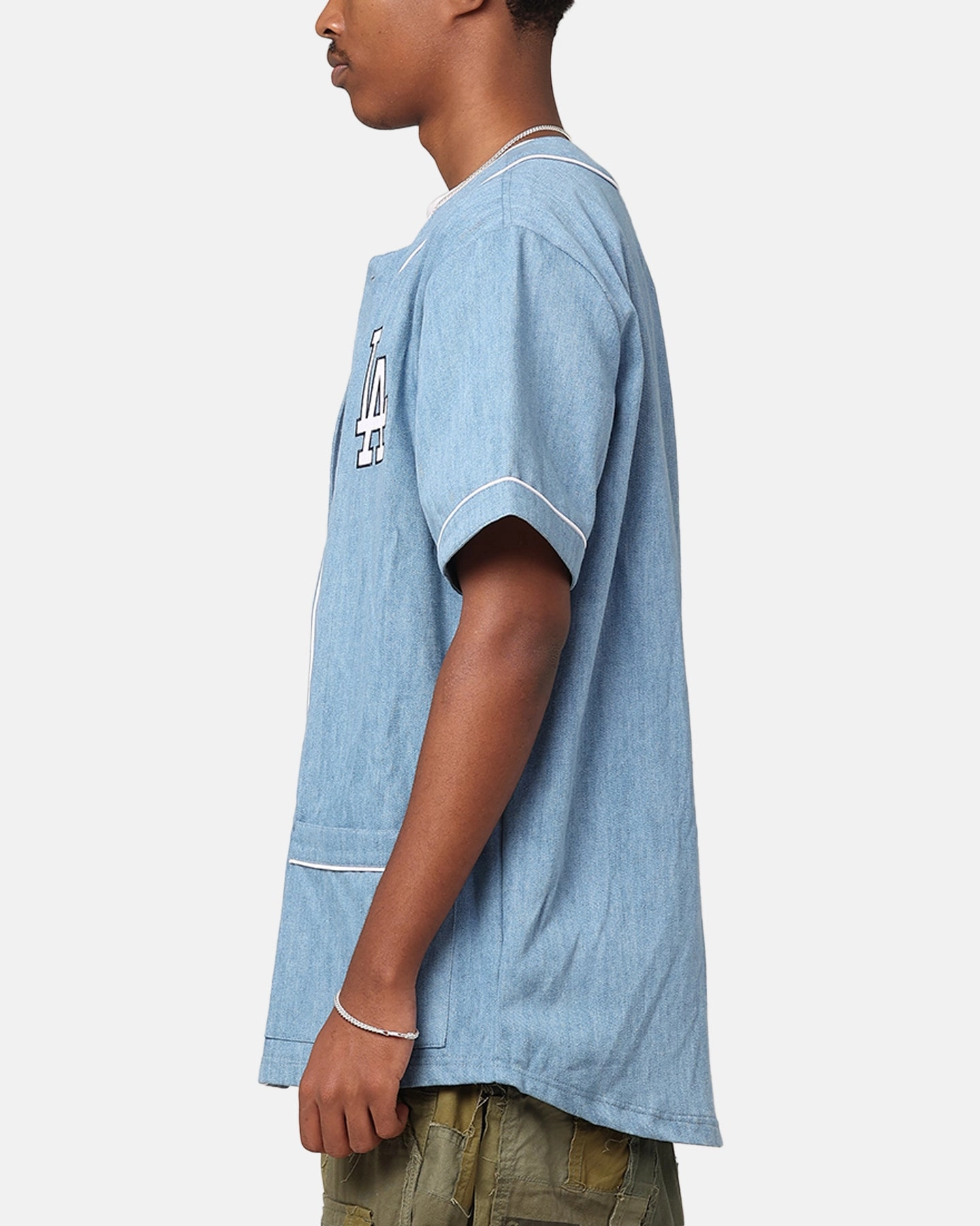 Smooth Coverage Majestic Athletic Los Angeles Dodgers Denim Button Up Shirt Washed Blue Denim