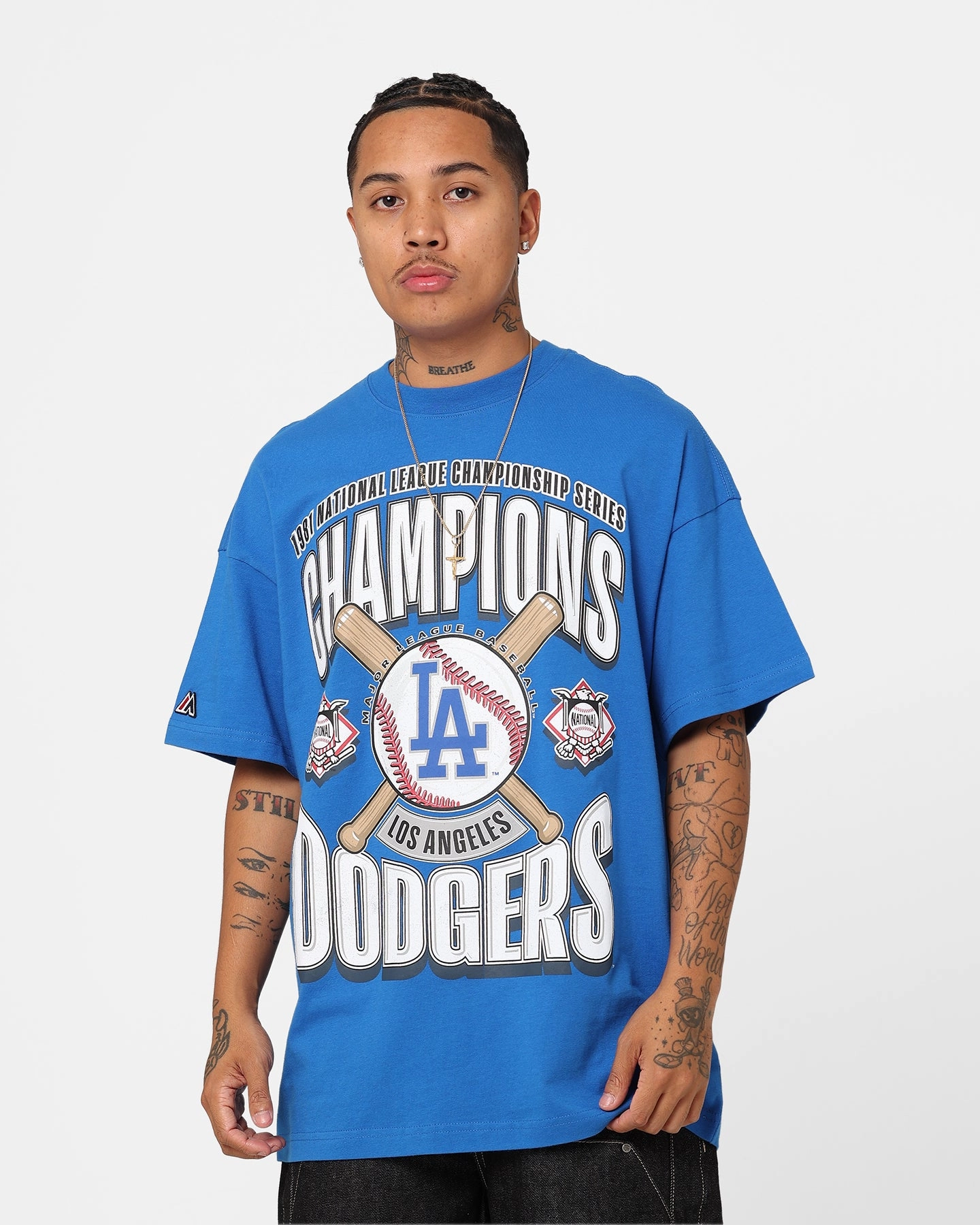 Majestic Athletic Los Angeles Dodgers League Champs Boxy Oversized T-Shirt Princess Blue Essential Layer Comfortable Touch