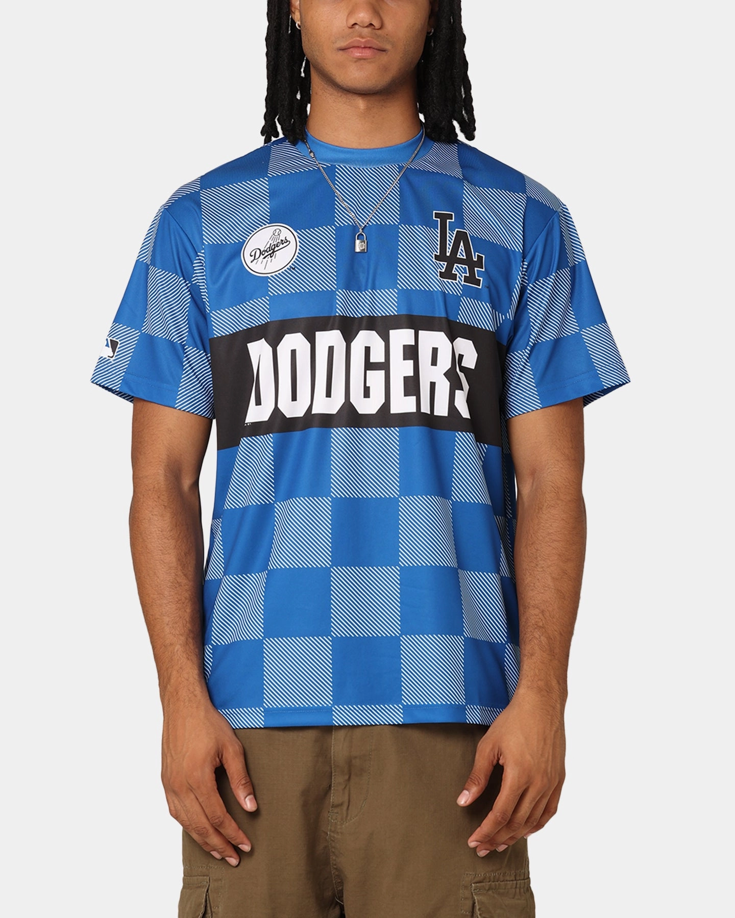 Micro Perforated Ventilation dry surface Majestic Athletic Los Angeles Dodgers Team Line Checkered Jersey White/Royal