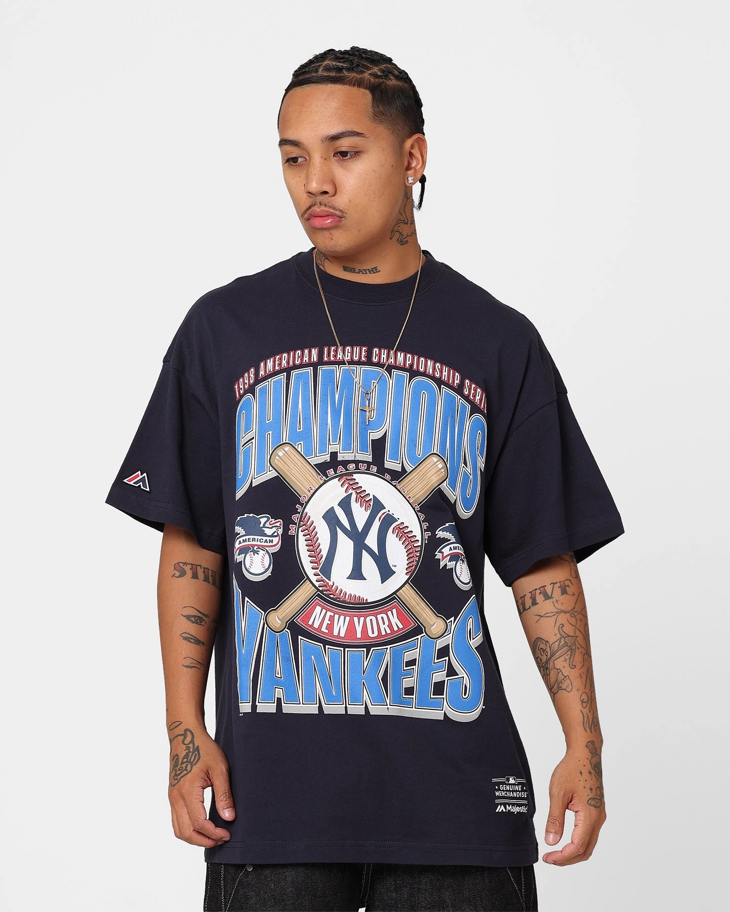 Majestic Athletic New York Yankees League Champs Boxy Oversized T-Shirt Seaborn V-Neck