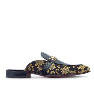 Mauri 4976 Bermuda Men's Shoes Black Exotic Alligator / Gobelins Fabric Horsebit Mules (MA5442)
