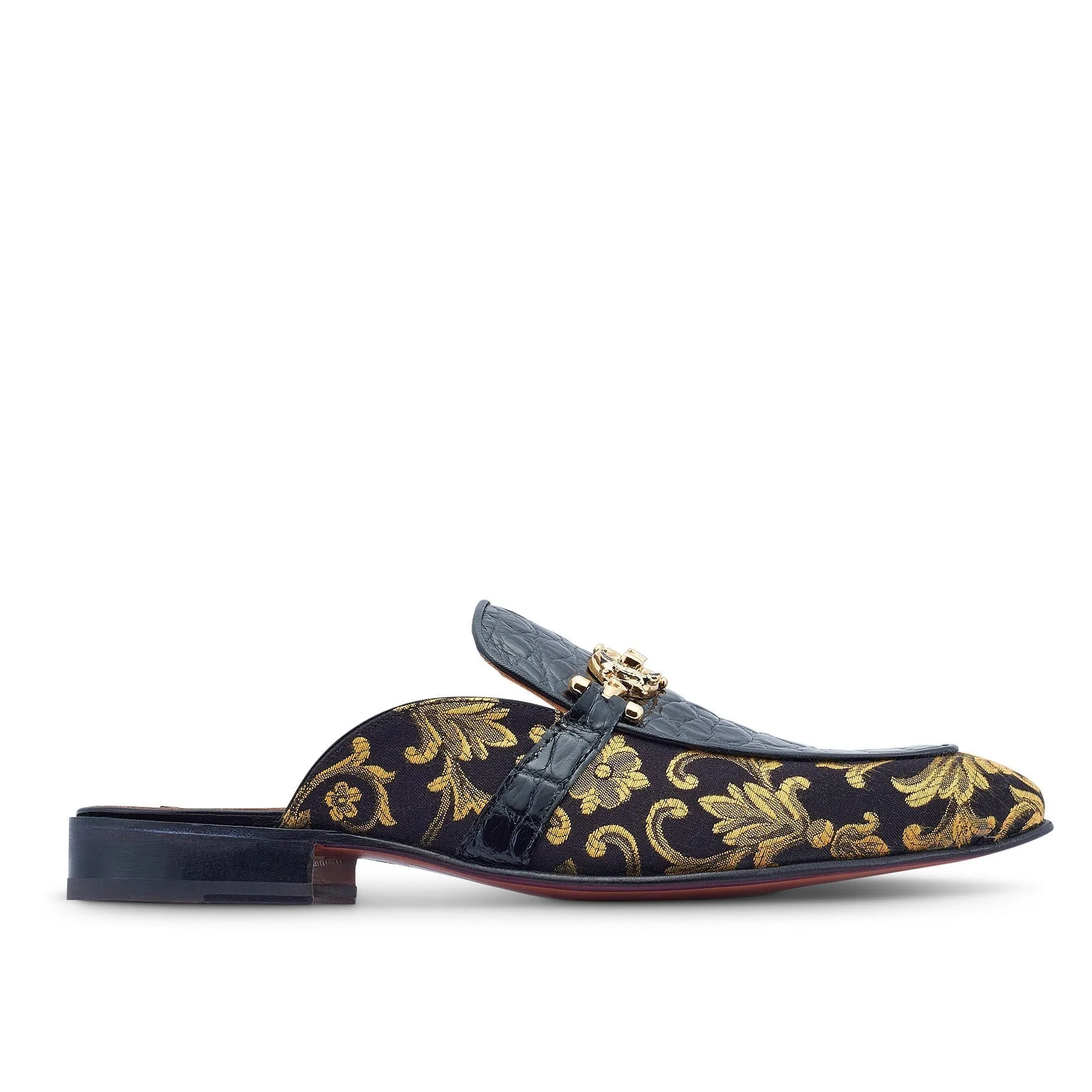 Mauri 4976 Bermuda Men's Shoes Black Exotic Alligator / Gobelins Fabric Horsebit Mules (MA5442)
