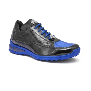 Mauri 8900/2 Bubble Men's Shoes Black & Royal Blue Exotic Crocodile / Patent Embossed Leather Casual Sneakers (MA5340)