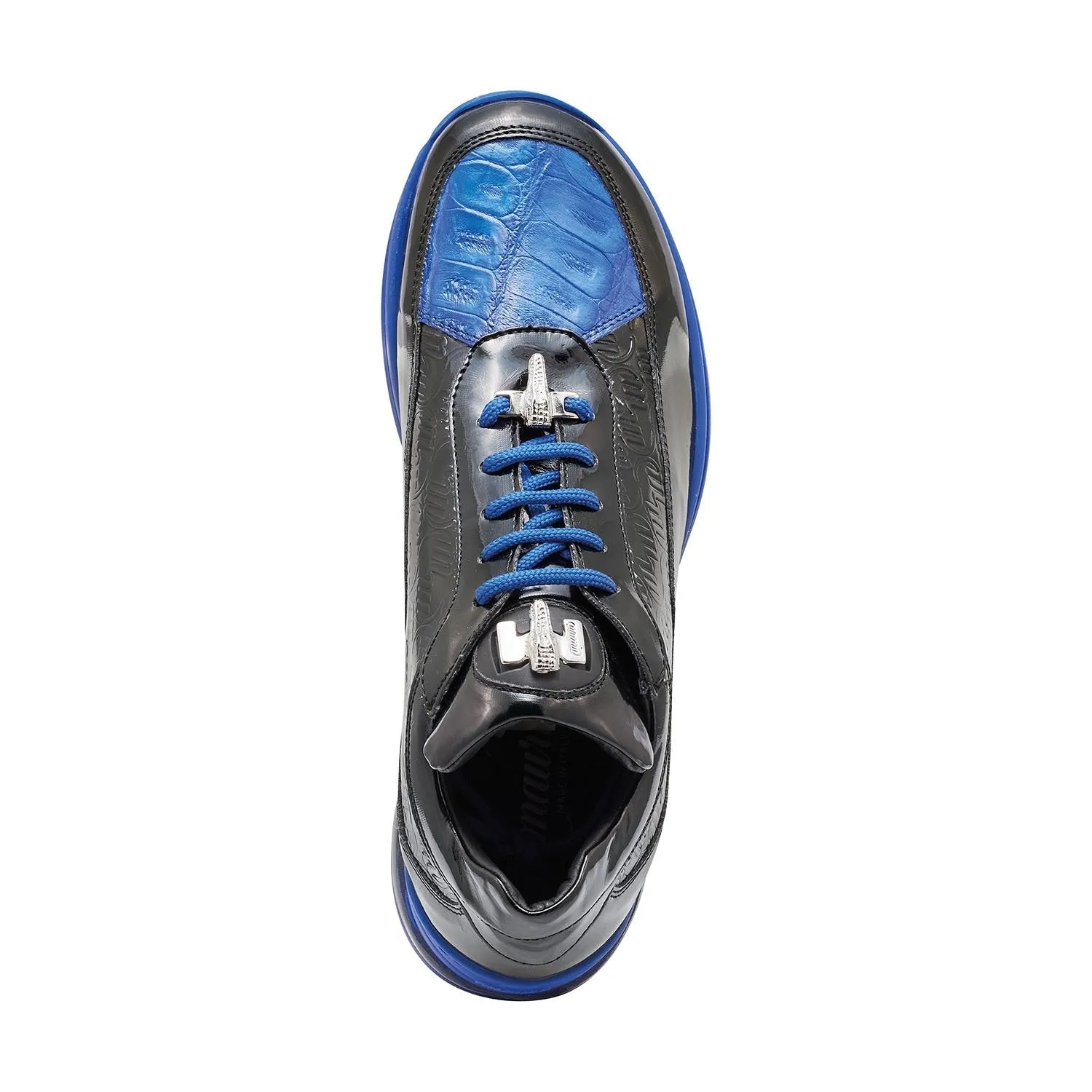 Mauri 8900/2 Bubble Men's Shoes Black & Royal Blue Exotic Crocodile / Patent Embossed Leather Casual Sneakers (MA5340)