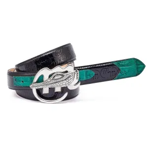 Mauri AB6 Men's Black & Leaf Green Exotic Crocodile / Patent Embossed Leather Belt (MAB1018)