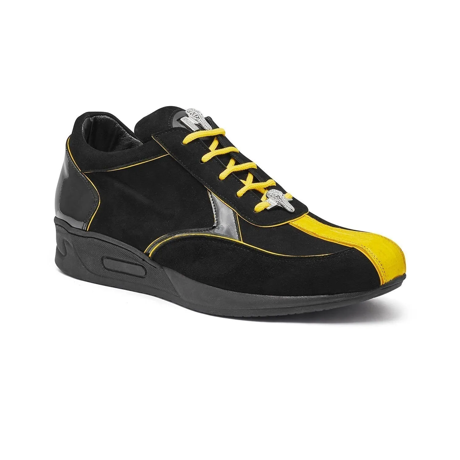 Mauri Jackpot M791 Men's Shoes Black & Yellow Exotic Crocodile / Suede / Patent Leather Sneakers (MAS5348)