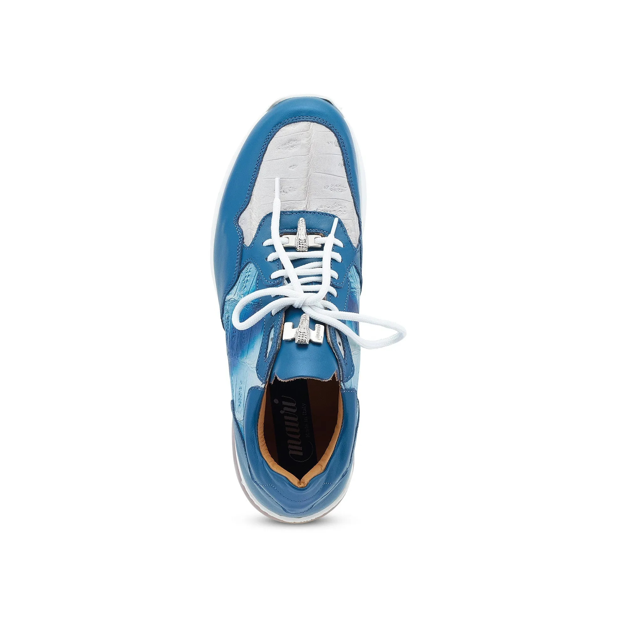 Mauri Runner 8457 Men's Shoes Caribbean Blue & Gray Exotic Crocodile / Calf-Skin Leather Low-Top Casual Sneakers (MA5538)