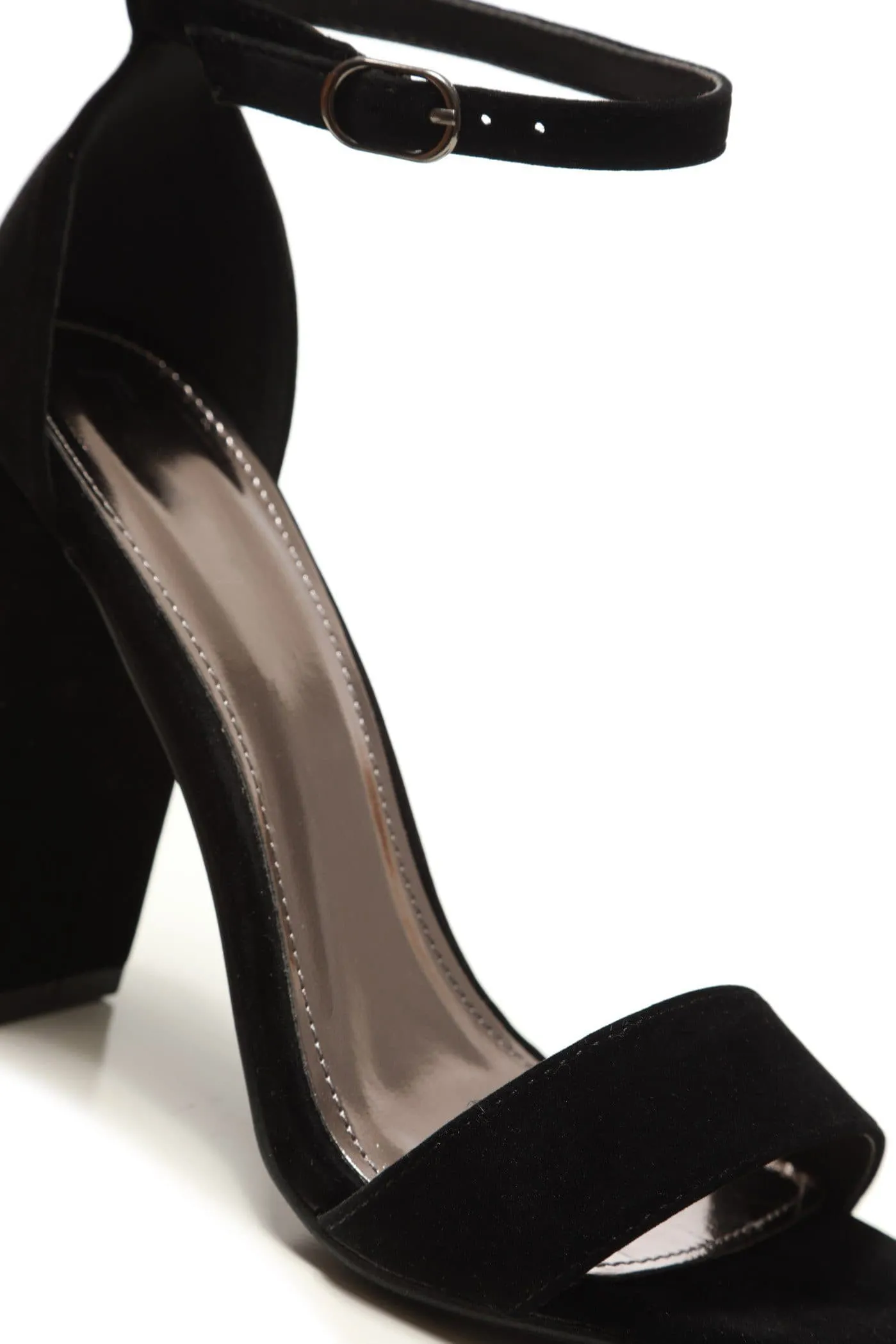 May Barely There Block Heel Ankle Strap Sandal In Black Suede